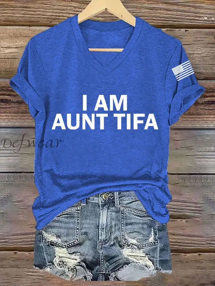 Women’s I Am Aunt Tifa Aunties Against Fascists V-Neck Tee Blue / S