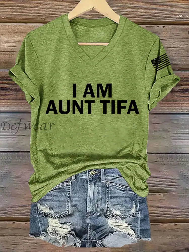 Women’s I Am Aunt Tifa Aunties Against Fascists V-Neck Tee Green / S