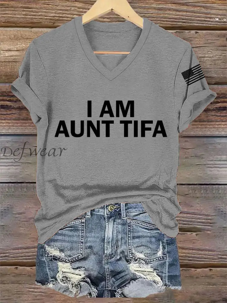 Women’s I Am Aunt Tifa Aunties Against Fascists V-Neck Tee Light Gray / S