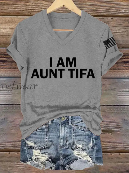 Women’s I Am Aunt Tifa Aunties Against Fascists V-Neck Tee Light Gray / S