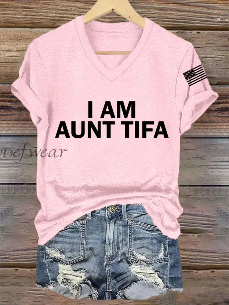 Women’s I Am Aunt Tifa Aunties Against Fascists V-Neck Tee Light Pink / S