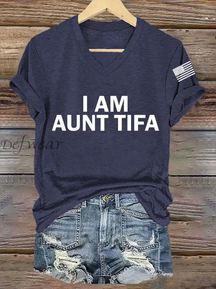 Women’s I Am Aunt Tifa Aunties Against Fascists V-Neck Tee Navy Blue / S
