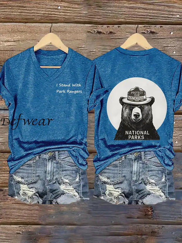 Women’s I Stand With Park Rangers Printed V-Neck T-Shirt Blue / S