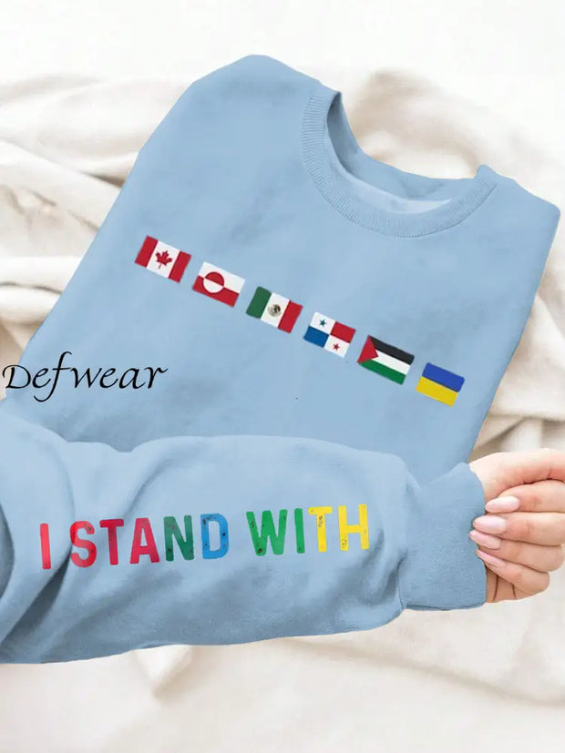 Women’s I Stand With Them Flags Printed Long Sleeve Sweatshirt Light Blue / S