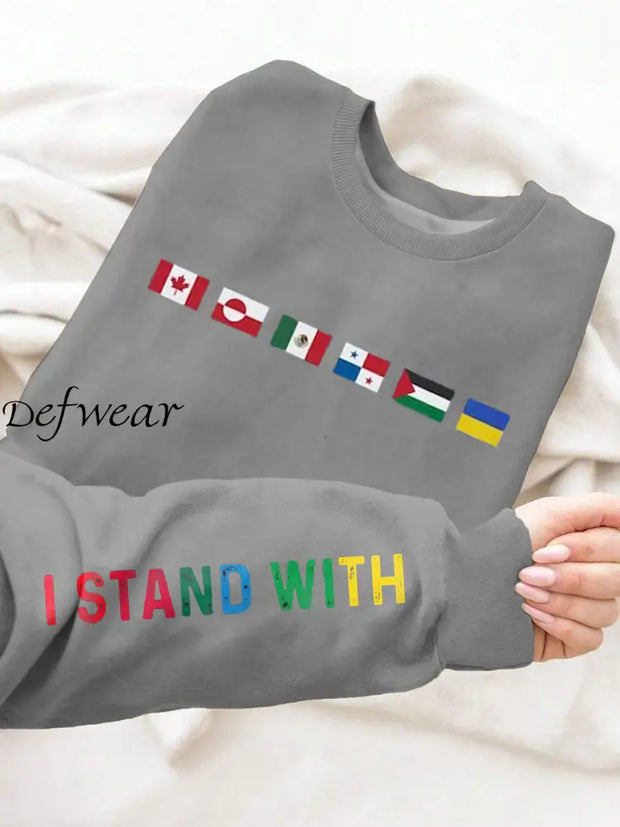 Women’s I Stand With Them Flags Printed Long Sleeve Sweatshirt Light Gray / S