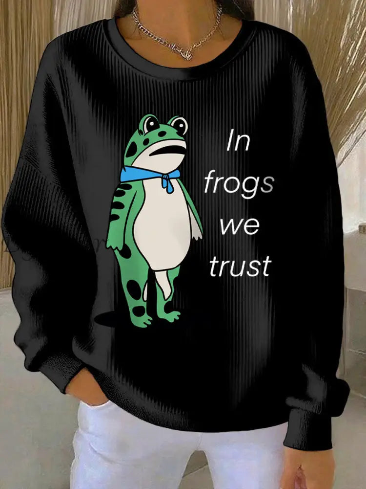 Women’s In Frogs We Trust Polish Frog Print Ribbed Round-Neck Sweatshirt Black / S
