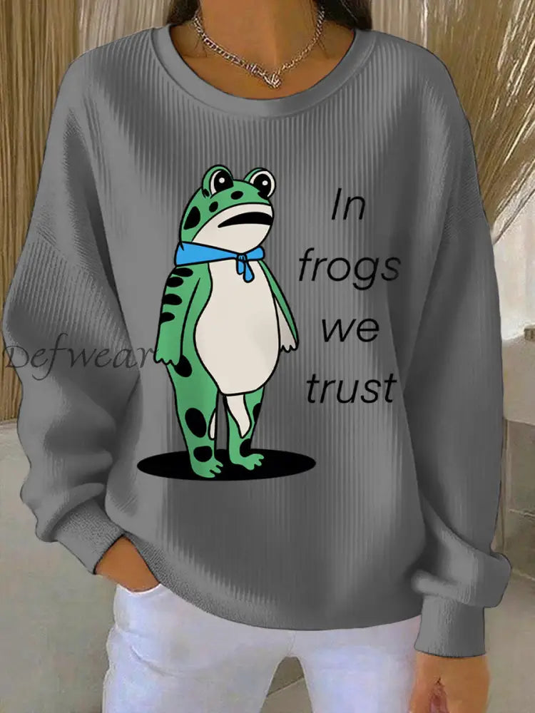 Women’s In Frogs We Trust Polish Frog Print Ribbed Round-Neck Sweatshirt Gray / S