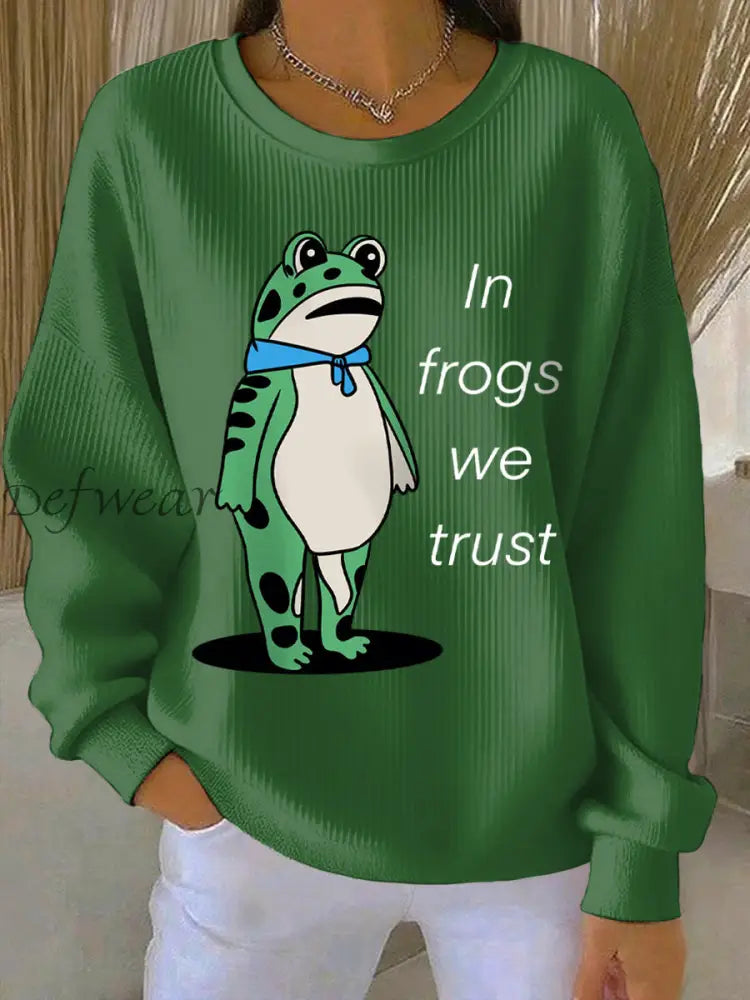 Women’s In Frogs We Trust Polish Frog Print Ribbed Round-Neck Sweatshirt Green / S