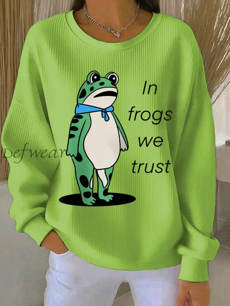 Women’s In Frogs We Trust Polish Frog Print Ribbed Round-Neck Sweatshirt Light Green / S