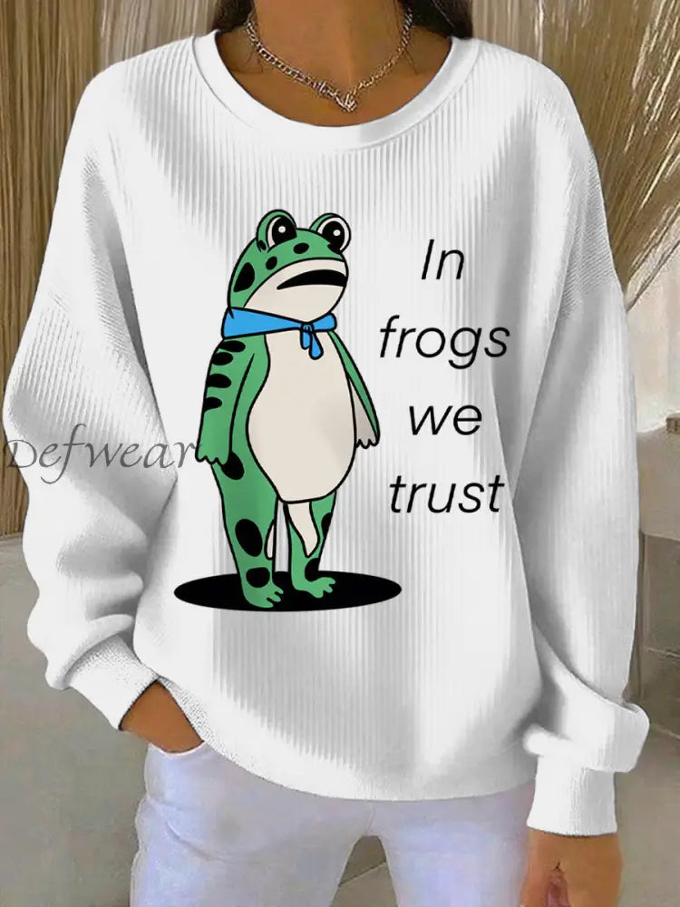 Women’s In Frogs We Trust Polish Frog Print Ribbed Round-Neck Sweatshirt White / S