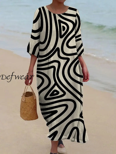 Women’s Line Art Print Three Quarter Sleeve Round Neck Loose Long Dress A / S