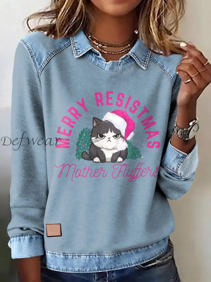 Women’s Merry Resistmas Cat Printed Sweatshirt Light Blue / S