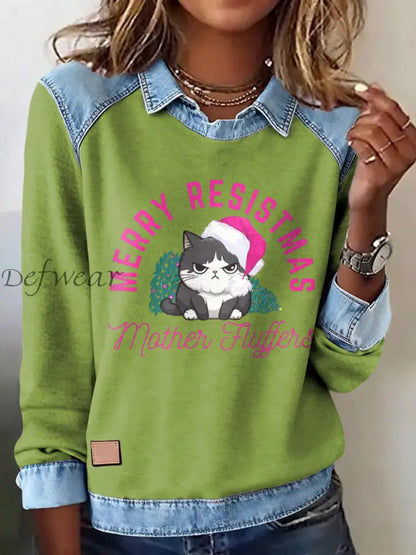 Women’s Merry Resistmas Cat Printed Sweatshirt Light Green / S