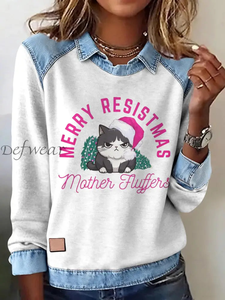 Women’s Merry Resistmas Cat Printed Sweatshirt White / S