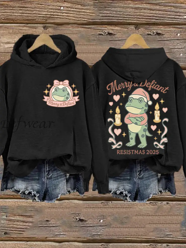 Women’s Merry Resistmas Portland Frog Printed Hoodie Black / S