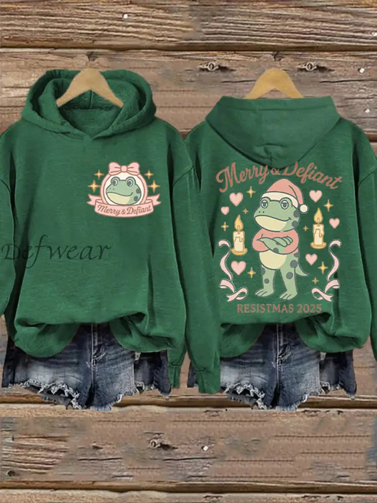 Women’s Merry Resistmas Portland Frog Printed Hoodie Green / S