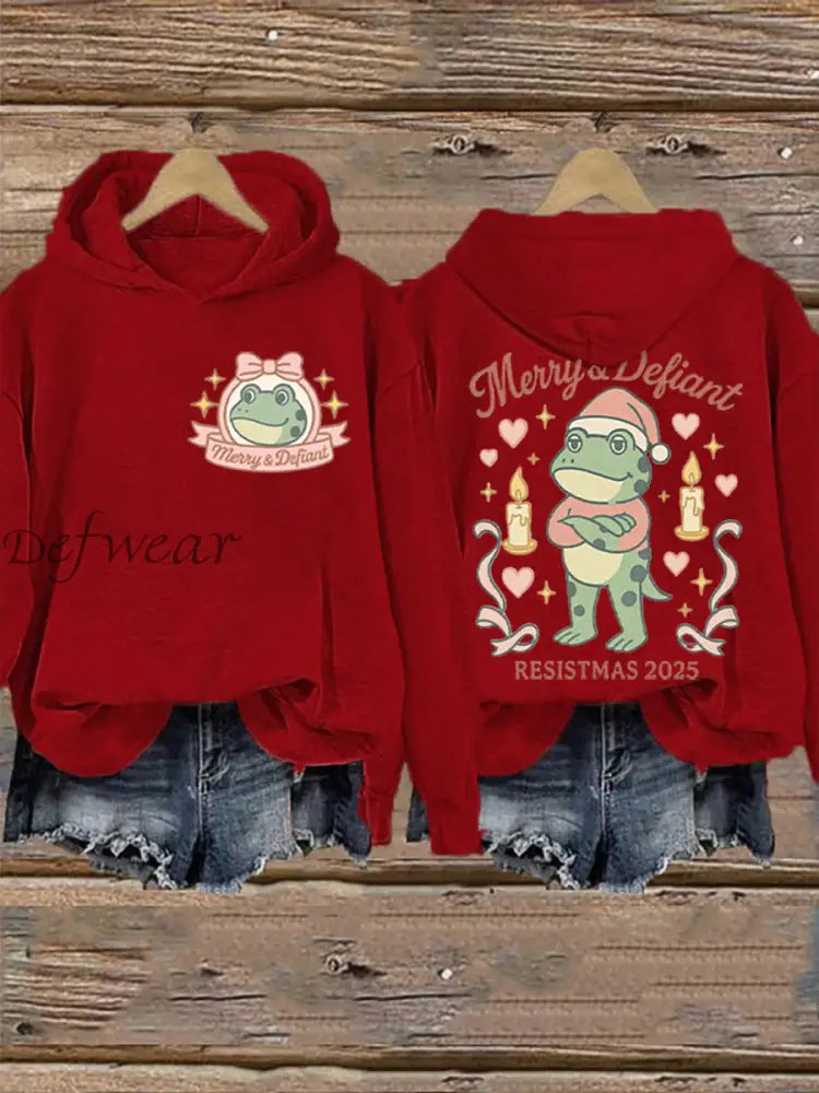 Women’s Merry Resistmas Portland Frog Printed Hoodie Red / S