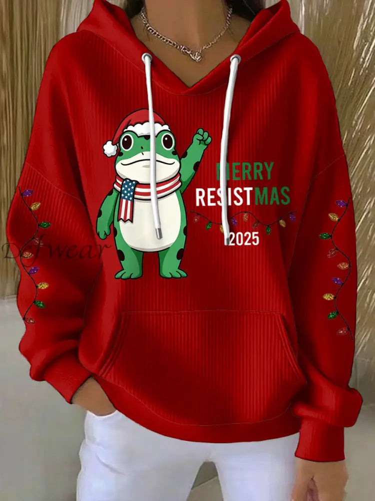 Women’s Merry Resistmas Portland Frog Printed Hoodie Red / S
