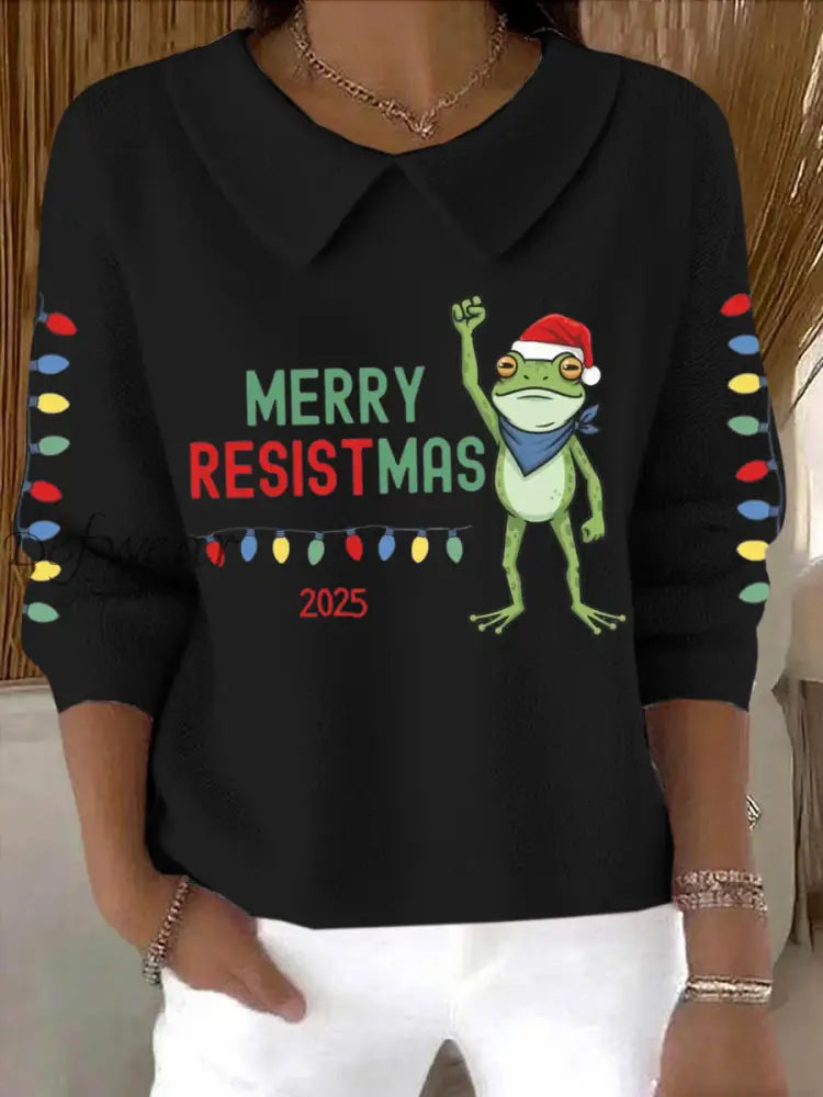 Women’s Merry Resistmas Portland Frog Printed Sweater Top Black / S