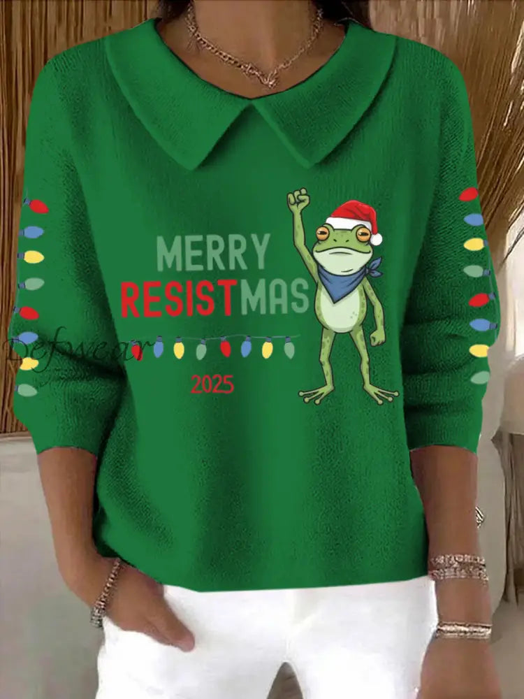 Women’s Merry Resistmas Portland Frog Printed Sweater Top Green / S