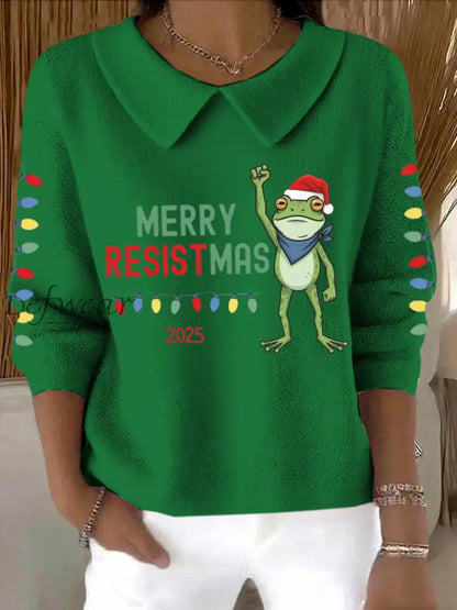 Women’s Merry Resistmas Portland Frog Printed Sweater Top Green / S