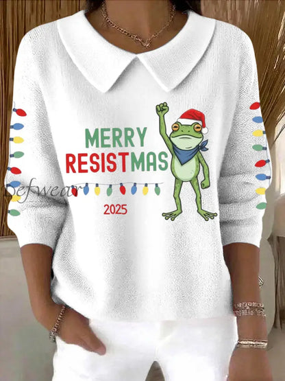 Women’s Merry Resistmas Portland Frog Printed Sweater Top White / S