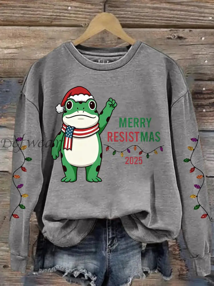 Women’s Merry Resistmas Portland Frog Printed Sweatshirt Light Gray / S