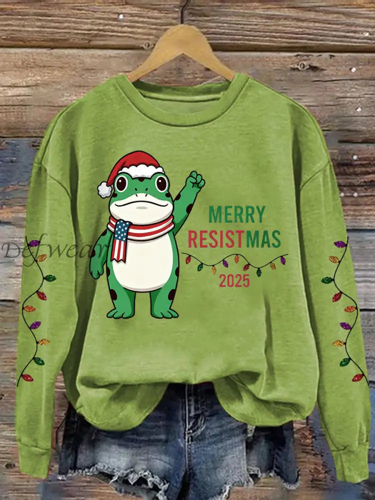 Women’s Merry Resistmas Portland Frog Printed Sweatshirt Light Green / S