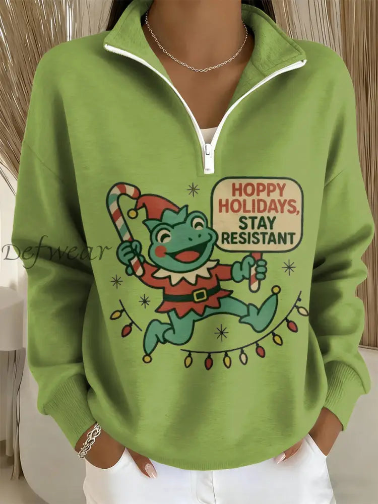 Women’s Merry Resistmas Portland Frog Printed Sweatshirt Light Green / S