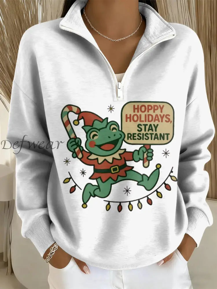 Women’s Merry Resistmas Portland Frog Printed Sweatshirt White / S