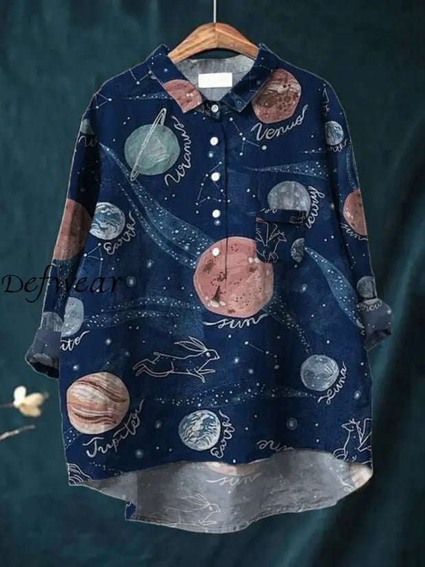 Women’s Planet Art Print V Neck Long Sleeve Button Pocket Shirt Top A / S