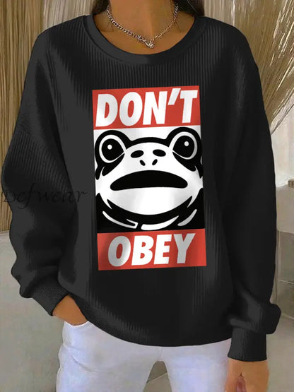 Women’s Polish Frog Print Ribbed Round-Neck Sweatshirt Black / S