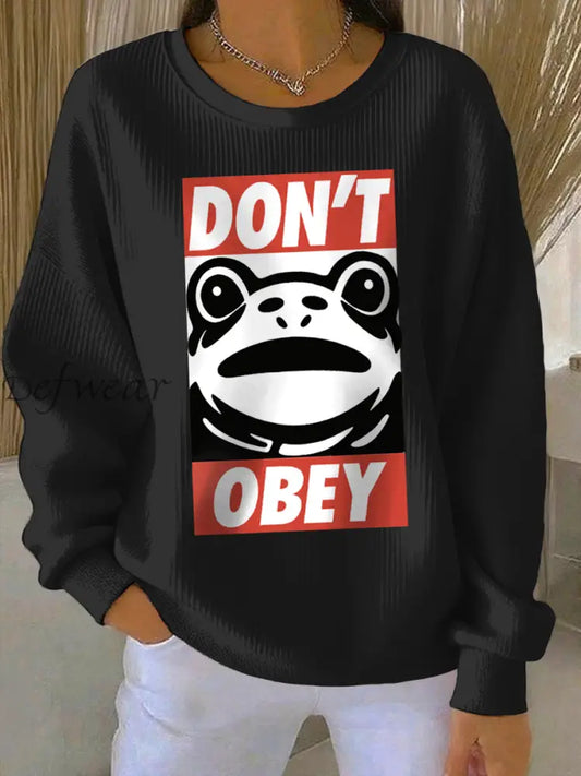 Women’s Polish Frog Print Ribbed Round-Neck Sweatshirt Black / S