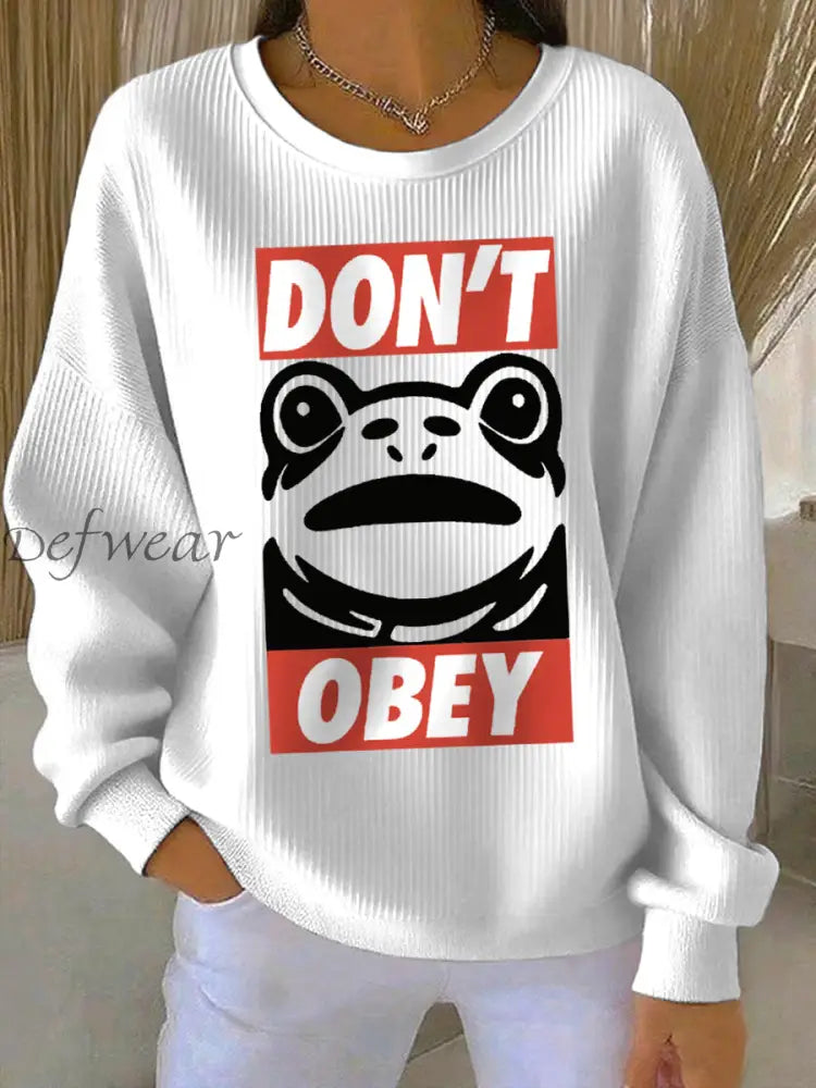 Women’s Polish Frog Print Ribbed Round-Neck Sweatshirt White / S