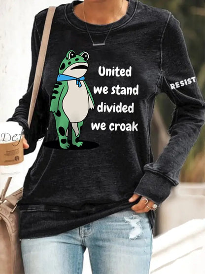 Women’s Polish Frog United We Stand Divided We Croak Print Sweatshirt Black / S