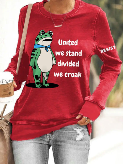 Women’s Polish Frog United We Stand Divided We Croak Print Sweatshirt Red / S