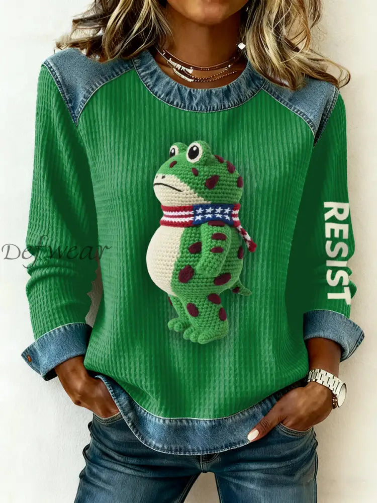 Women’s Portland Frog Printed Waffle and denim panelled sweatshirt Green / S