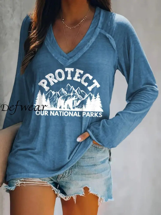 Women’s Protect Our National Parks Print V=Neck Long-Sleeve Top Blue / S