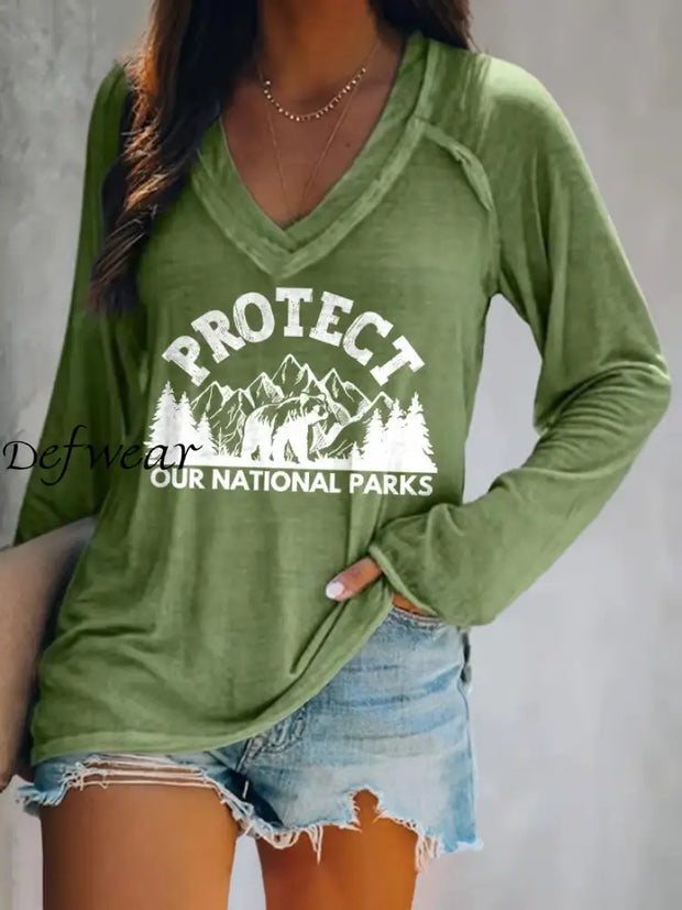 Women’s Protect Our National Parks Print V=Neck Long-Sleeve Top Green / 2XL