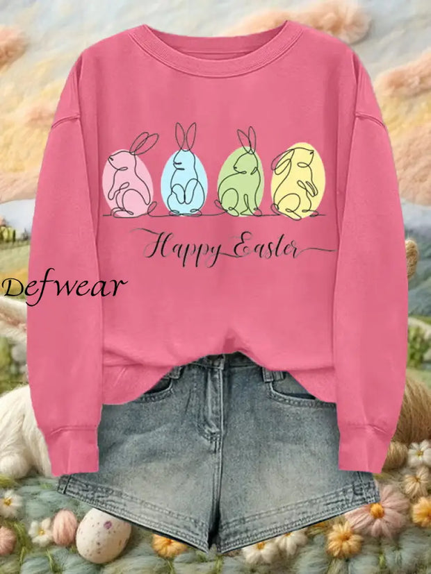 Women’s Rabbit Art Print Casual Sweatshirt Rose Red / S