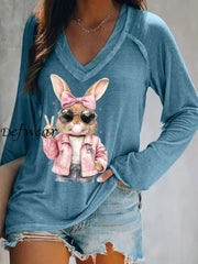 Women’s Rabbit Art Print V-Neck T-Shirt Blue / S