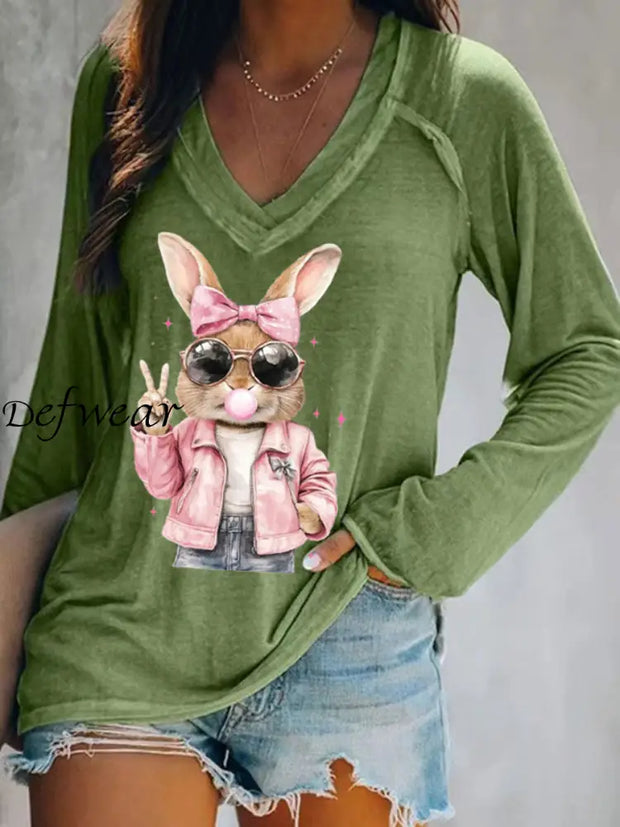 Women’s Rabbit Art Print V-Neck T-Shirt Green / S