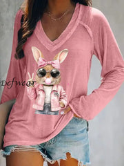 Women’s Rabbit Art Print V-Neck T-Shirt Pink / S