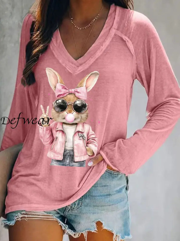 Women’s Rabbit Art Print V-Neck T-Shirt Pink / S