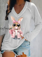 Women’s Rabbit Art Print V-Neck T-Shirt White / S