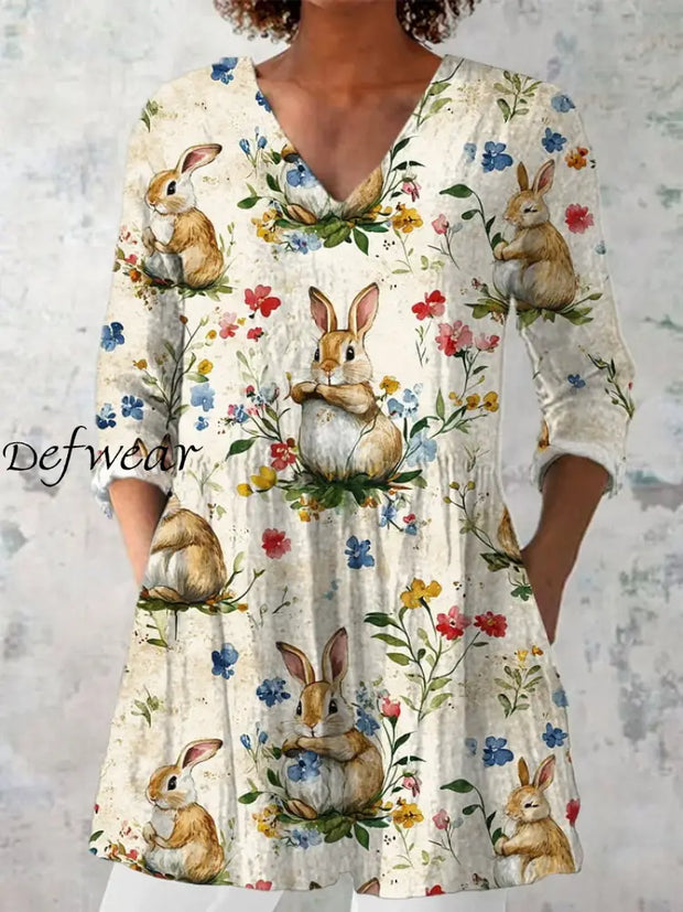 Women’s Rabbit Floral Art Print Casual Top As picture / S