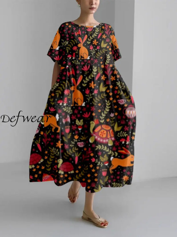 Women’s Rabbit Printed Round Neck Loose Casual Dresses Orange / S