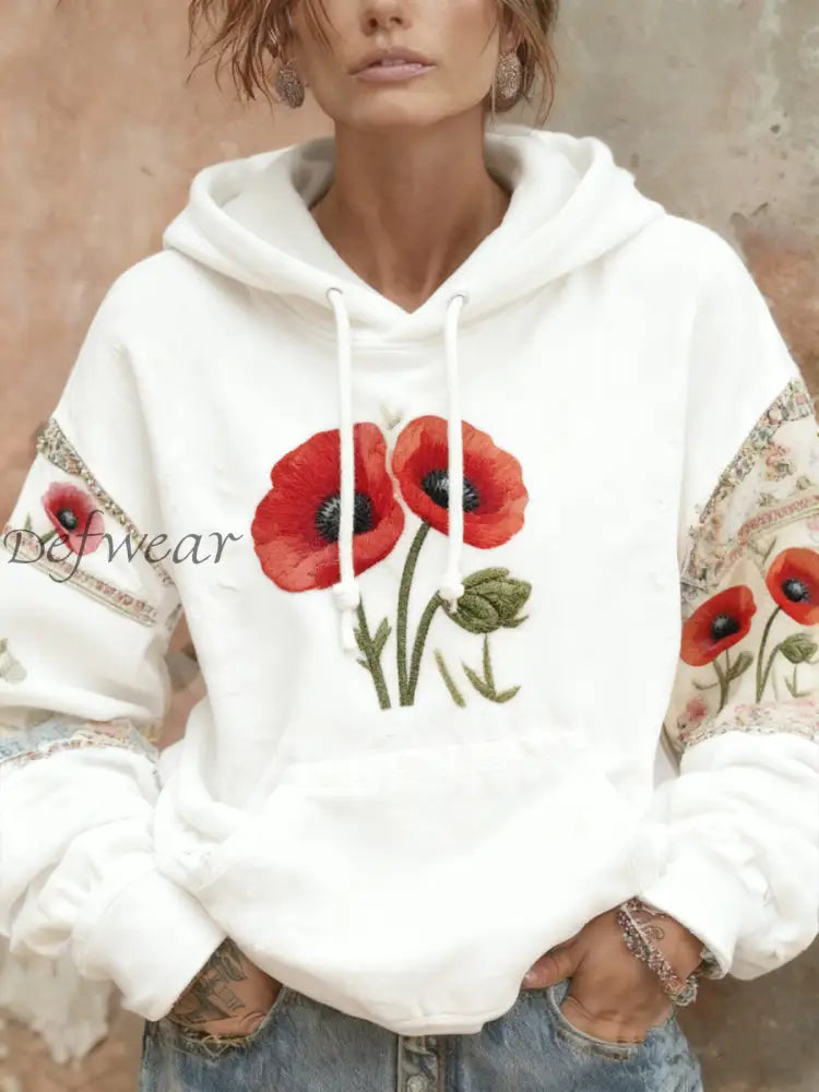 Women’s Remembrance Day poppy flower hoodie White / S