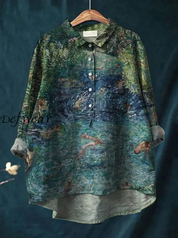 Women’s Retro Abstract Art Print Casual Cotton Linen Round Neck Button Pocket Mid-Length Sleeve