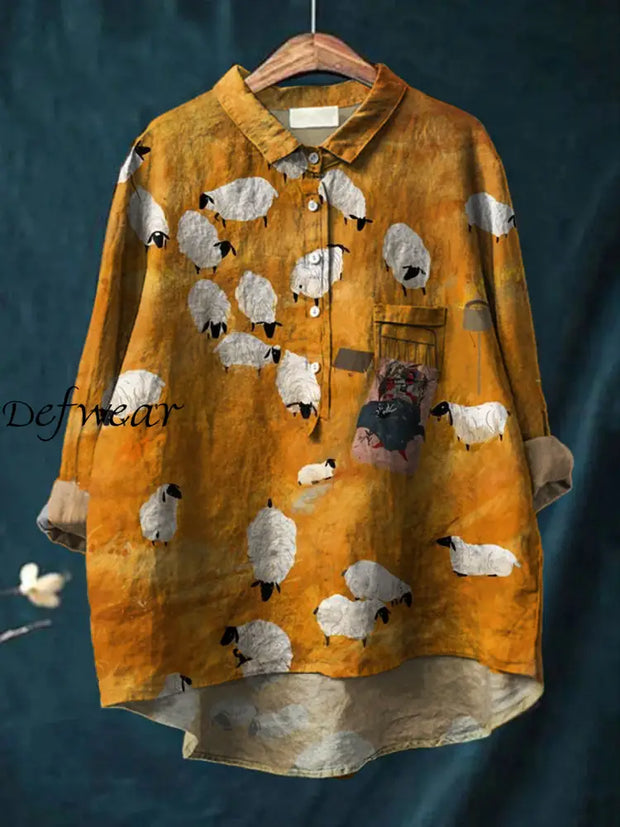 Women’s Retro Animal Art Print Casual Cotton Linen Round Neck Button Pocket Mid-Length Sleeve